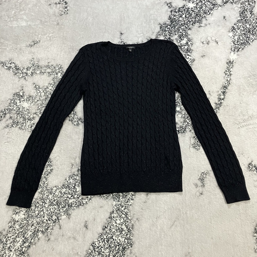 Talbots Black Cable Knit Sweater Womens Size Medium Long Sleeve Crew Neck